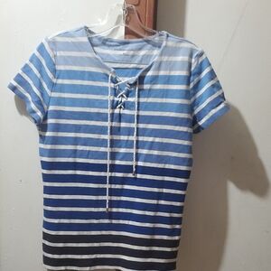 croft & barrow Drawstring Light Blue and White Striped Blouse Size L